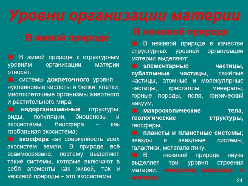 Уровни организации материи В живой природе В живой природе к структурным уровням организации материи